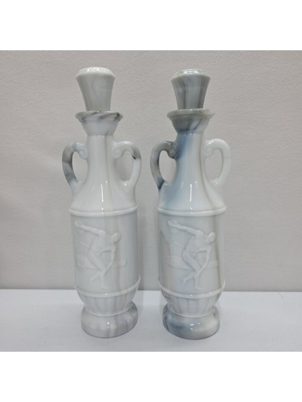 Vtg Jim Beam Liquor Decanter Bottle White Marbled GREEK Discus Thrower Lot Of 2